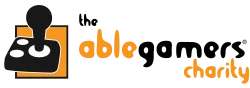 the able gamers charity in orange and black appears next to a black and white joystick