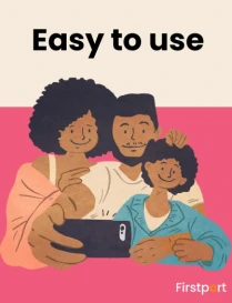 Two parents behind a child taking a selfie together with the words 'Easy to use' above