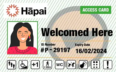 Hāpai Access Card is a white a green rectangle background with a photo at the top right. Text reads Welcome here, ID Number and Expiry date.
