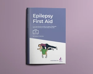 Epilepsy first aid guidebook appears on a purple background.