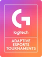 Logitech adaptive Eporst tournaments appears in white on a pink, red and purle background.