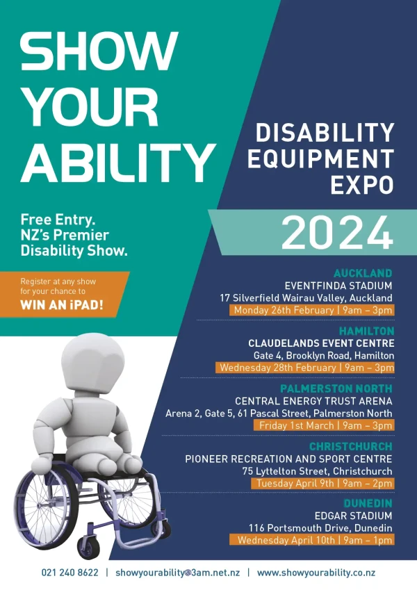 Show your ability in white bold text appears on a light blue background. Event locations are listed below. Auckland, Hamilton, Palmerston North, Christchurch and Dunedin.