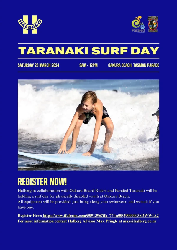 Taranaki Surf Day appears in bright yellow against a dark blue background. An enthusiastic young boy is doing a great job at surfing the waves.