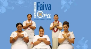Faiva Ora in dark blue and white writing appears at the centre top. Two men are standing in the back with three women knelt in the bottom. They appear on a blue background. 