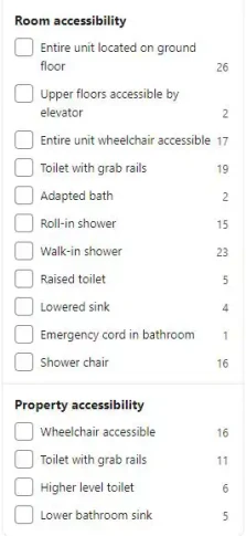 List of room accessibility options when travelling. 