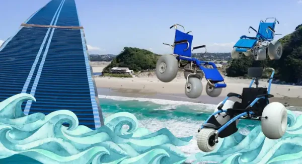  three beach wheelchairs on the sand, with a beach mat on the left and whimsical drawings of makeshift waves at the bottom.