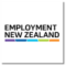 Employment New Zealand appears over top a rainbow colour strip. 