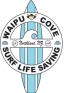 Waipu cove surf life saving appears over a blue and white surfboard.