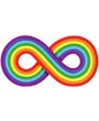 The image shows a rainbow-coloured infinity symbol, representing our Autistic community.