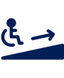 Navy blue icon of wheelchair user heading up a ramp. 