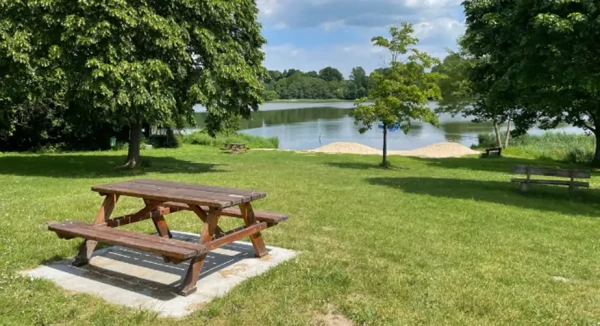 Picnic table in the centre of a park next to a lake. 