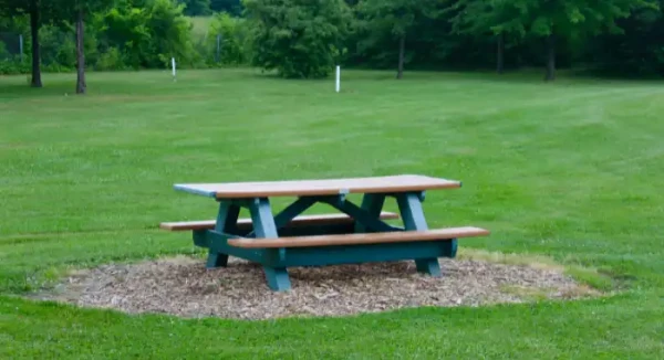 Picnic table in the middle of a green field