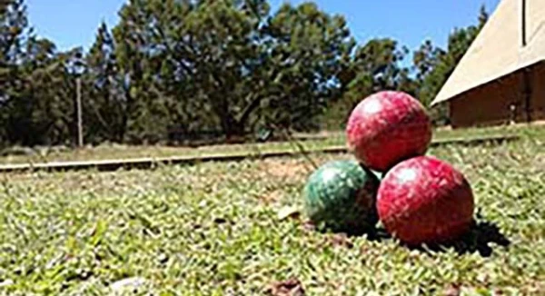 Three Boccia ball are stacked to form a triangle. They sit on freshly cut grass.