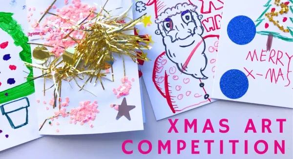 a collage of childrens Christmas drawings on white paper. Pink text sits at the bottom right reading 'Xmas art competition'