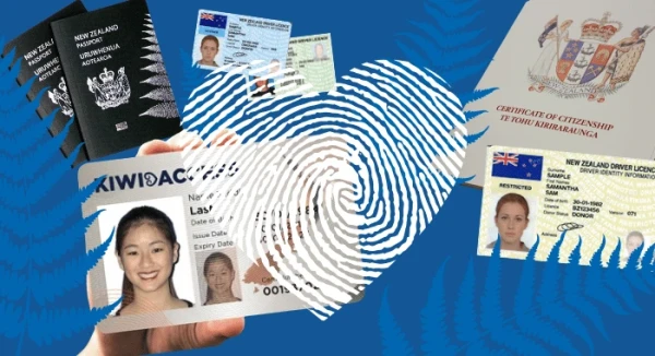 A blue image with a whole lot of forms of ID pictured like the kiwi access card