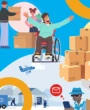 cartoon of moving boxes and friend helping man in wheelchair shift