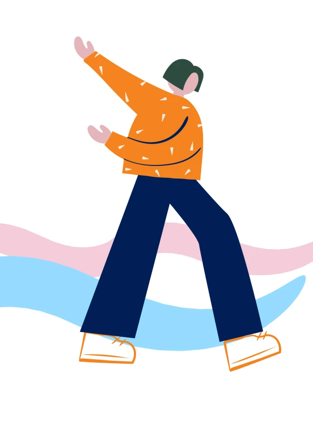Person in orange sweeps their arms to the left in a dance