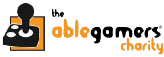 the able gamers charity in orange and black appears next to a black and white joystick