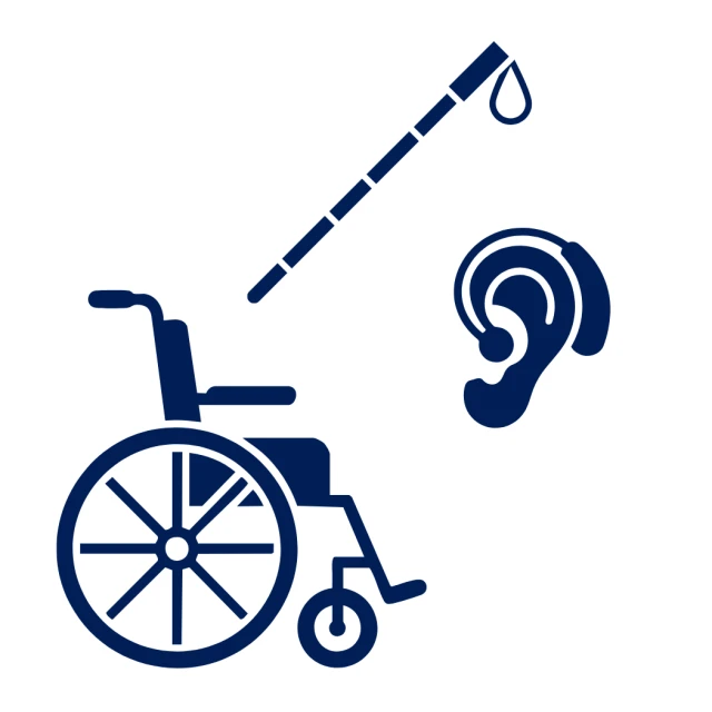 Dark blue icons of a wheelchair, hearing aid, and a cane.