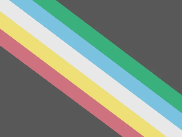 Disability pride flag - diagonal parallel green, blue, white, yellow, and red lines on a charcoal background.