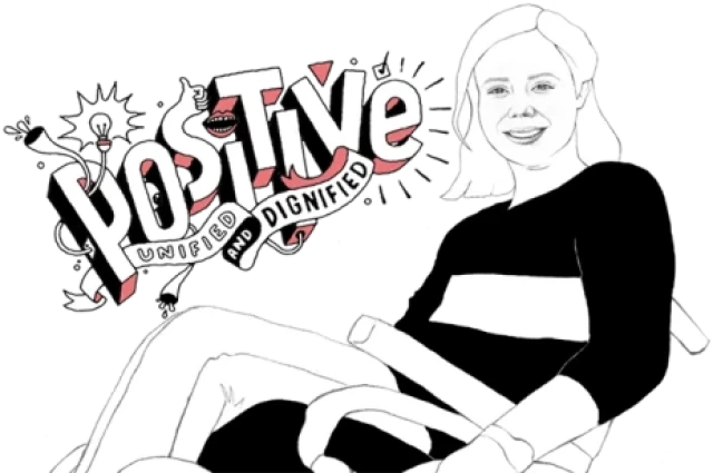 illustration from DPA. A woman in a wheelchair reading Positive unified and dignified