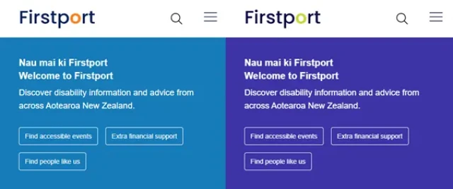 Two firstport website screenshots in different colour contrasts