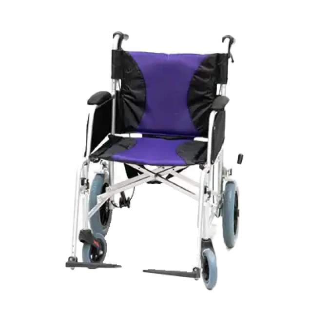 A blue and black wheelchair with a silver frame, featuring a foldable design for easy storage. It has a black and blue cushioned seat cover for comfort and a practical, compact structure.