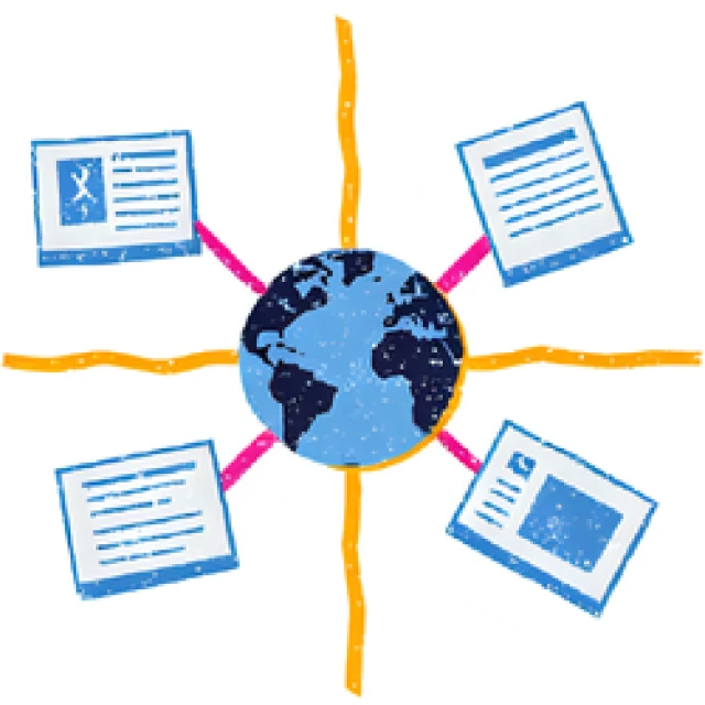 a globe with research papers surrounding it