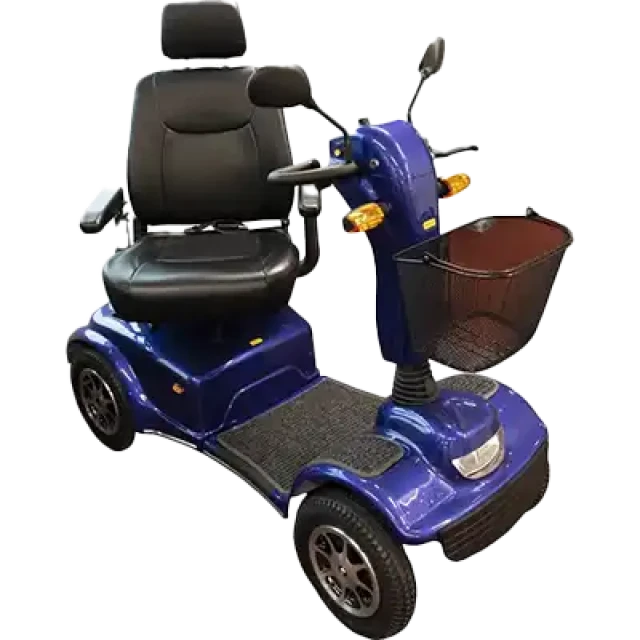 A deep blue heavy duty mobility scooter. It features a robust frame, a comfortable seat, large wheels for smooth navigation, and easy-to-use handlebars with a medium sized basket on the front.