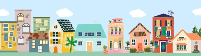 many bright coloured houses in a row