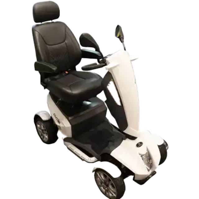 White mobility scooter with a comfortable seat, sturdy footrests, and handlebars for easy steering.