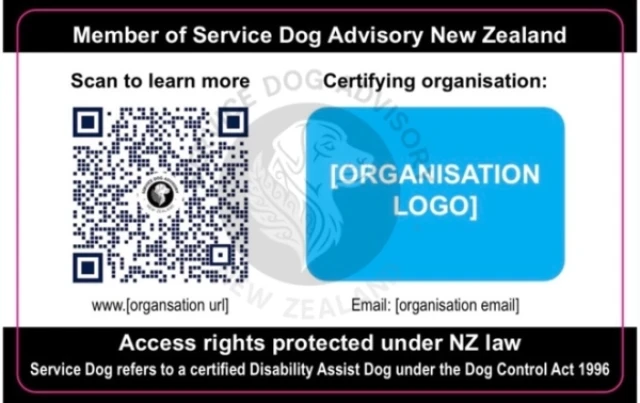 The front of the National Service Dog ID card, which features a QR code, and spaces for the certifying organisation's logo, website, and email address.