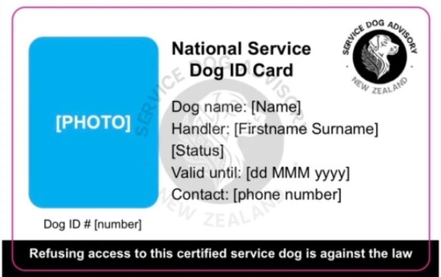 The front of the National Service Dog ID card, which features spaces for a photo of the dog, the dog's name, the dog's ID number, the handler's name a contact phone number.