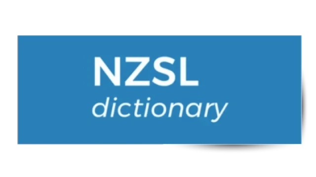 NZSL dictionary in white on a blue background