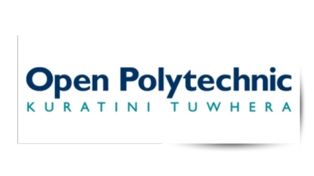 Blue and green Open Polytechnic logo on white background