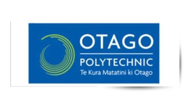 Otago Polytechnic in white on a blue background