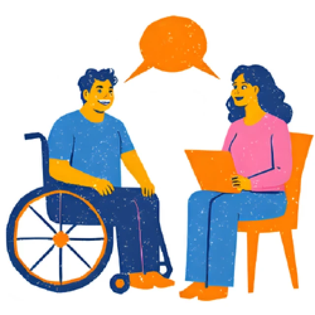 two people chat research, one a lady with a laptop and one a man in a wheelchair