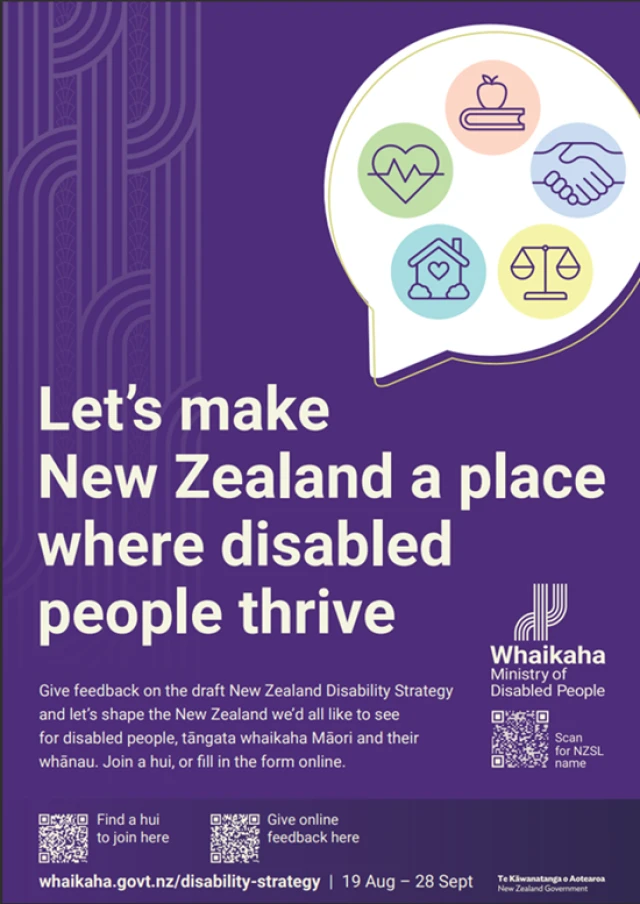 A poster which reads lets make NZ a place where disabled people thrive