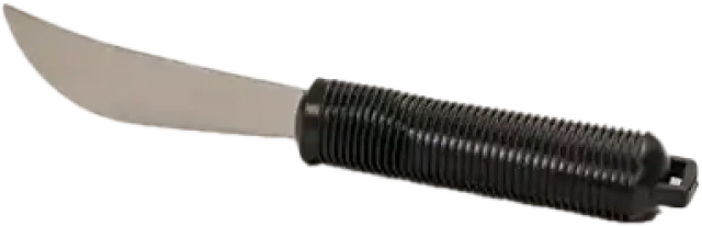 A black handled rubber butcher knife.