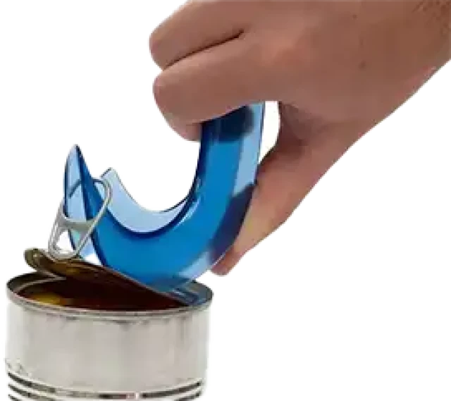 A transparent, curved blue can opener is in the process of opening a silver can.