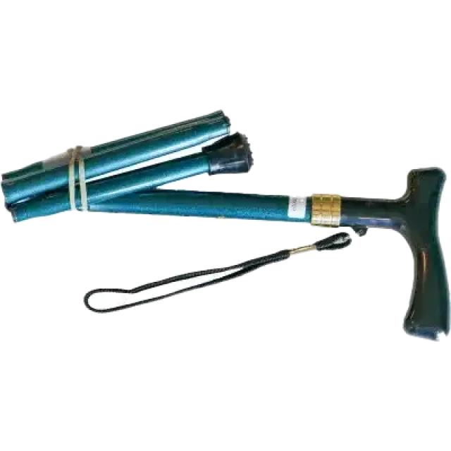 A blue and black folded walking stick is compact and neatly folded. The shaft is metallic blue with black rubber grips for comfort. T