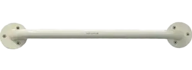 A white grab rail with two circular mounting panels attaches securely to the wall, extending outward with a sturdy handle for support.
