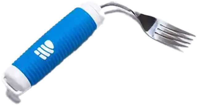 A blue and white rubber handled fork. The fork is bent to the right so it's easy to use.