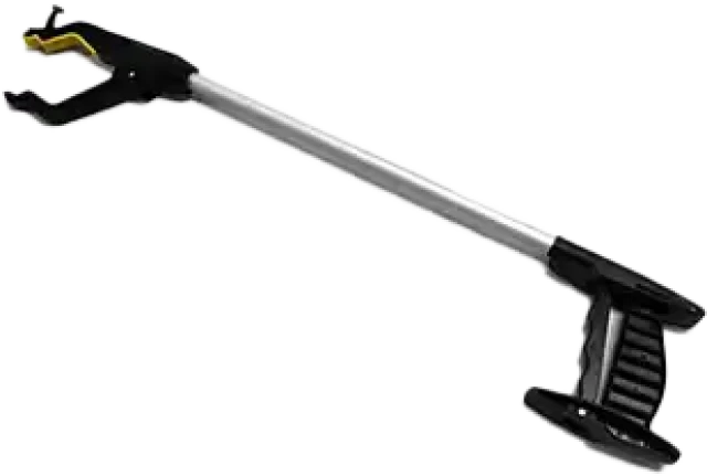 A black, silver, and yellow reacher grabber tool with a long silver aluminum shaft.