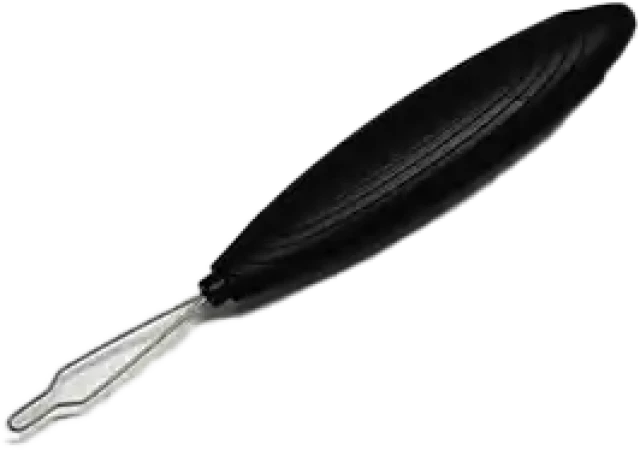 A black and silver zip hook with a long, slim silver metal shaft and a black ergonomic handle. One end features a small, curved metal hook designed to easily grasp and pull zippers.
