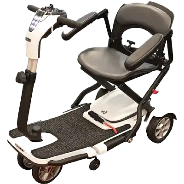 A white lightweight travel scooter with a compact design, perfect for easy transport.