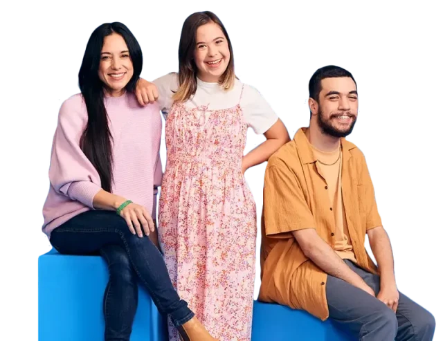 Two women and a man smiling on blue boxes