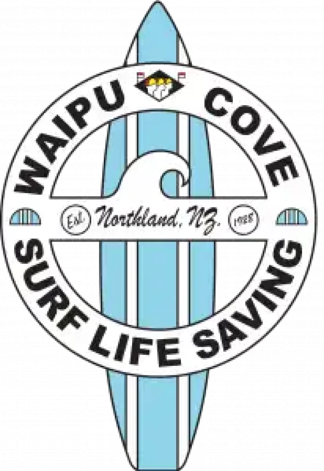 The image is the logo of Waipu Cove Surf Life Saving. The design features a surfboard in the background with a circular emblem overlaying it. Inside the emblem,