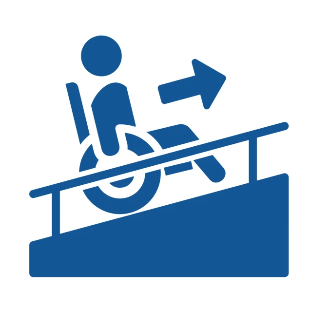A blue icon of a person in wheelchair going up a ramp.