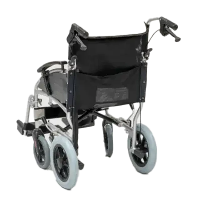 A black transit-propelled wheelchair with sturdy footrests, large rear wheels, and handles for a caregiver to push.